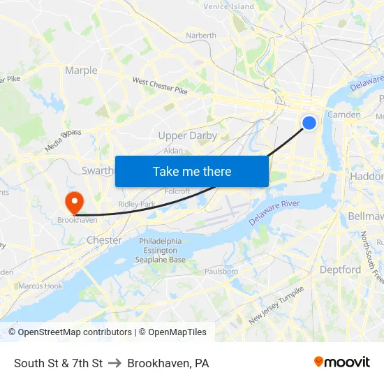South St & 7th St to Brookhaven, PA map