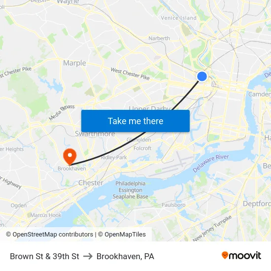 Brown St & 39th St to Brookhaven, PA map
