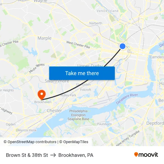 Brown St & 38th St to Brookhaven, PA map