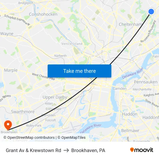 Grant Av & Krewstown Rd to Brookhaven, PA map