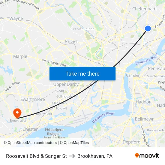 Roosevelt Blvd & Sanger St to Brookhaven, PA map