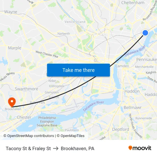 Tacony St & Fraley St to Brookhaven, PA map