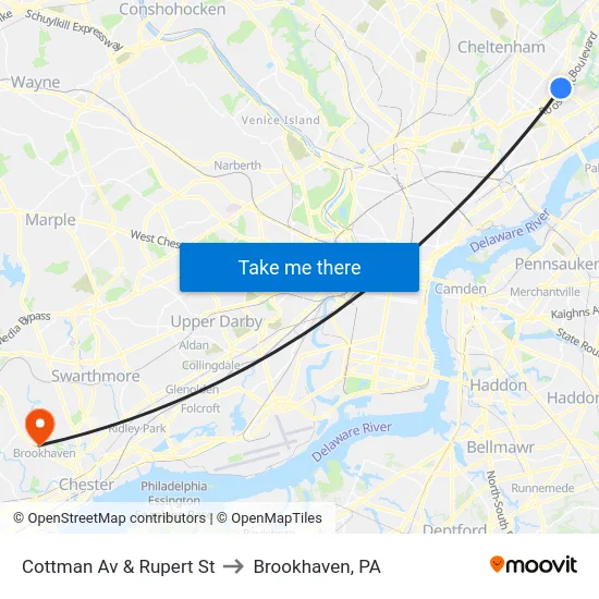 Cottman Av & Rupert St to Brookhaven, PA map