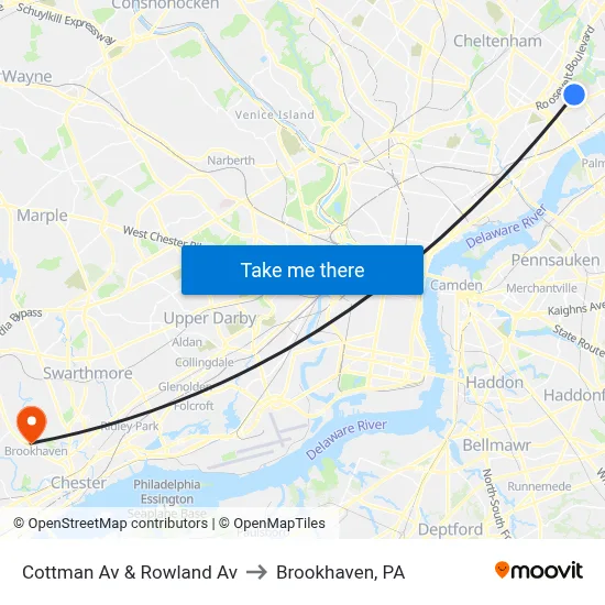 Cottman Av & Rowland Av to Brookhaven, PA map