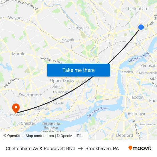 Cheltenham Av & Roosevelt Blvd to Brookhaven, PA map