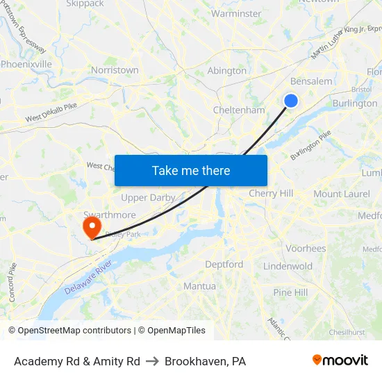 Academy Rd & Amity Rd to Brookhaven, PA map