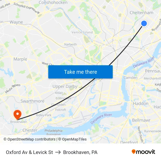 Oxford Av & Levick St to Brookhaven, PA map