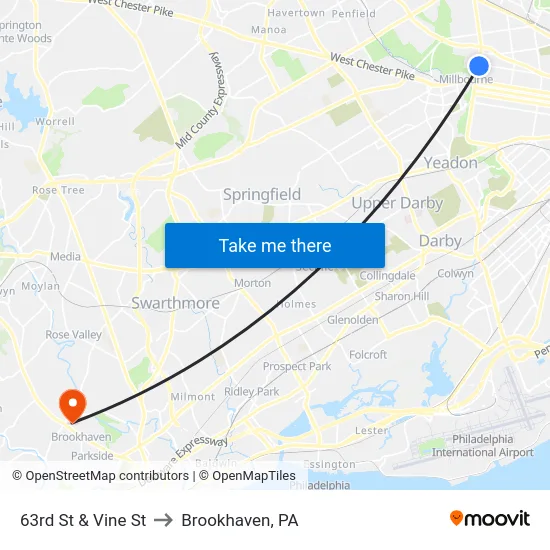 63rd St & Vine St to Brookhaven, PA map