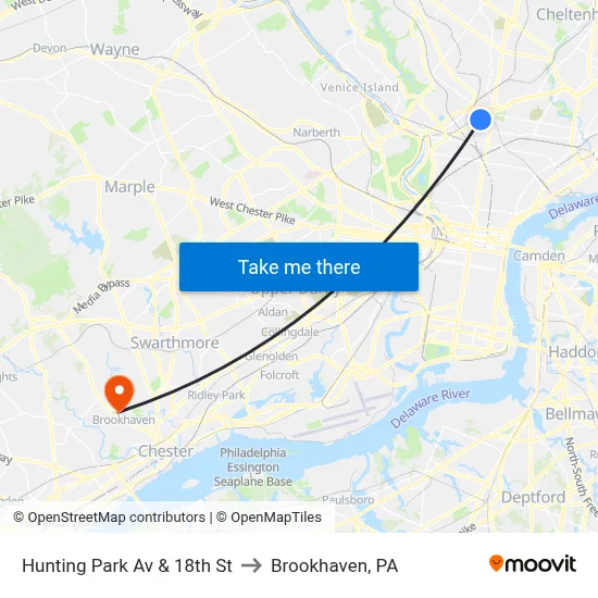 Hunting Park Av & 18th St to Brookhaven, PA map