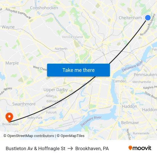 Bustleton Av & Hoffnagle St to Brookhaven, PA map