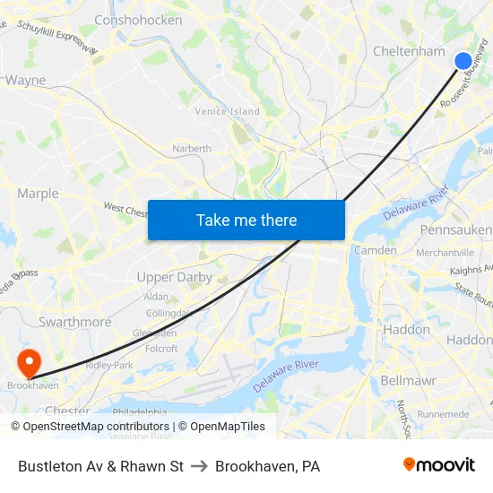 Bustleton Av & Rhawn St to Brookhaven, PA map