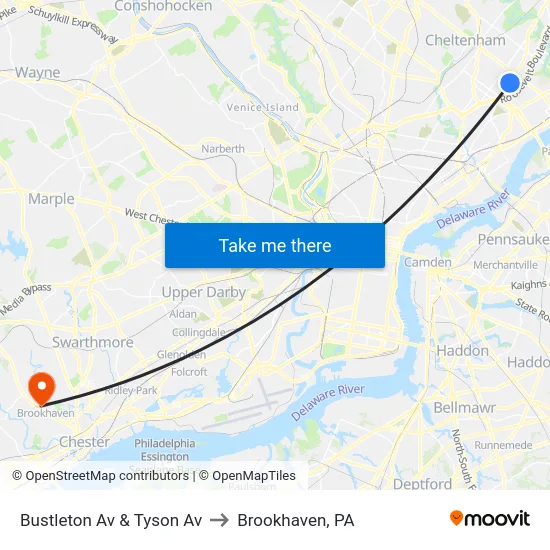 Bustleton Av & Tyson Av to Brookhaven, PA map