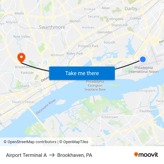 Airport Terminal A to Brookhaven, PA map