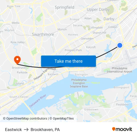 Eastwick to Brookhaven, PA map