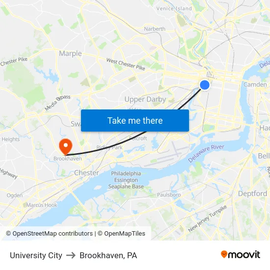 University City to Brookhaven, PA map