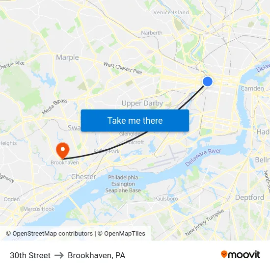 30th Street to Brookhaven, PA map