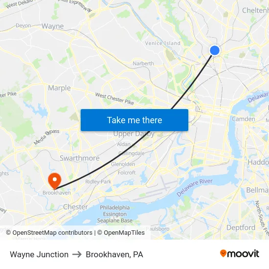 Wayne Junction to Brookhaven, PA map