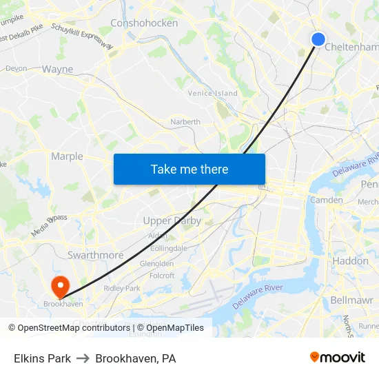 Elkins Park to Brookhaven, PA map