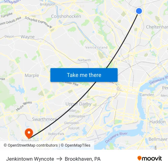 Jenkintown Wyncote to Brookhaven, PA map