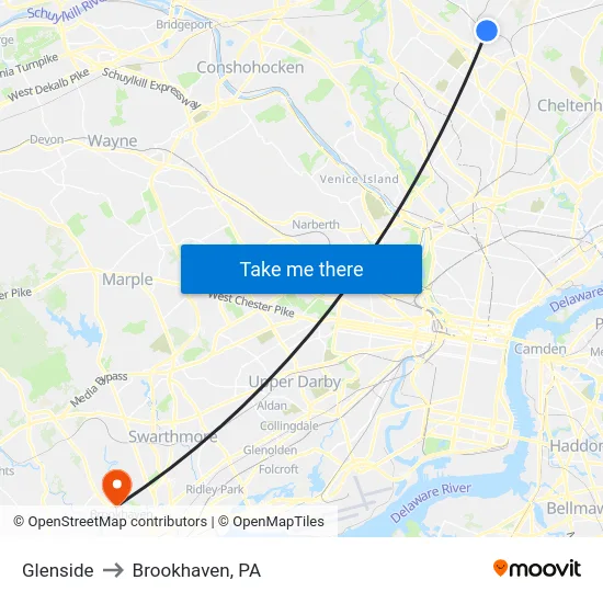 Glenside to Brookhaven, PA map