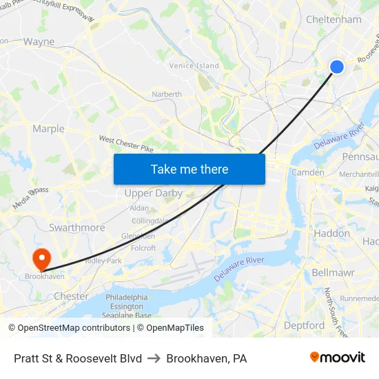 Pratt St & Roosevelt Blvd to Brookhaven, PA map