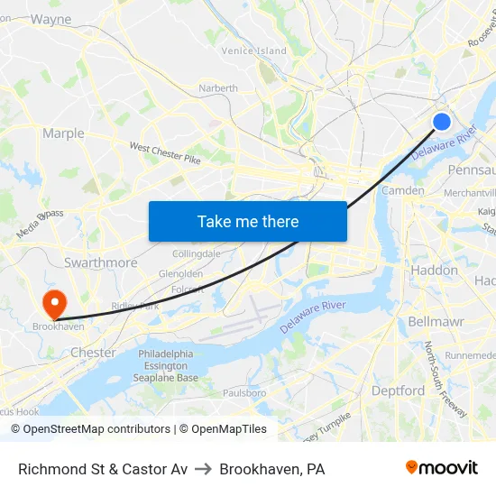 Richmond St & Castor Av to Brookhaven, PA map