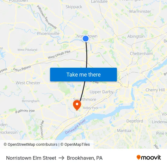 Norristown Elm Street to Brookhaven, PA map