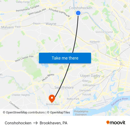 Conshohocken to Brookhaven, PA map