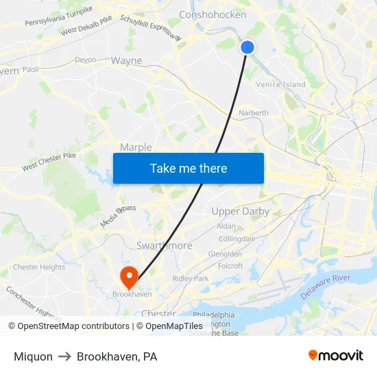 Miquon to Brookhaven, PA map
