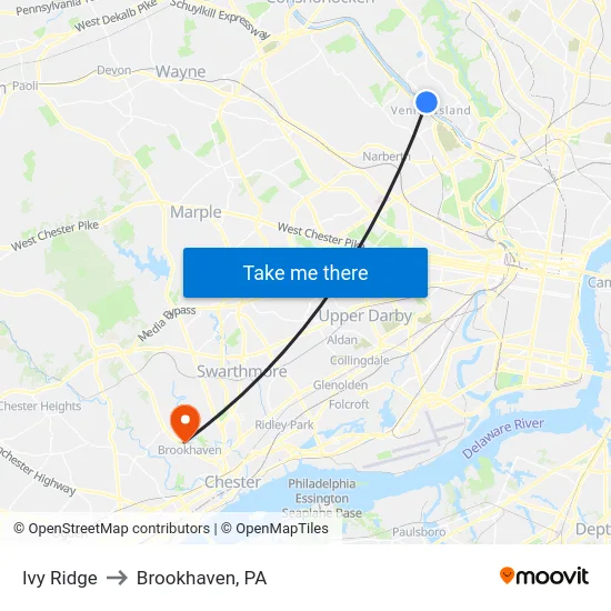 Ivy Ridge to Brookhaven, PA map