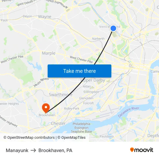 Manayunk to Brookhaven, PA map