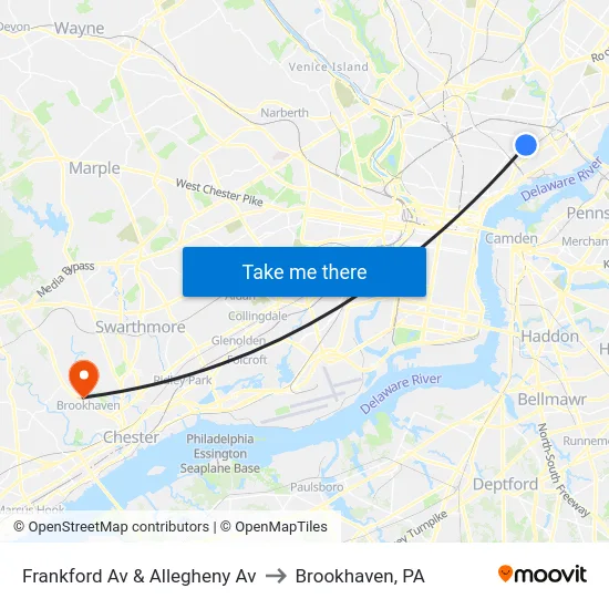 Frankford Av & Allegheny Av to Brookhaven, PA map