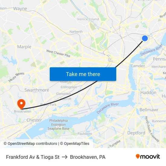 Frankford Av & Tioga St to Brookhaven, PA map