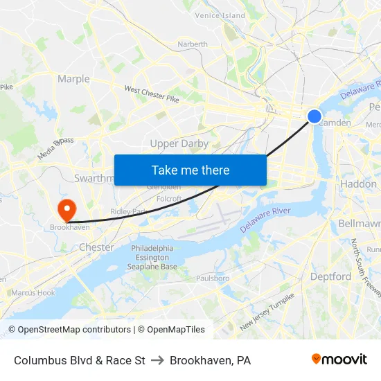 Columbus Blvd & Race St to Brookhaven, PA map
