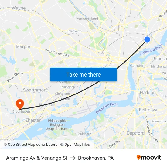 Aramingo Av & Venango St to Brookhaven, PA map