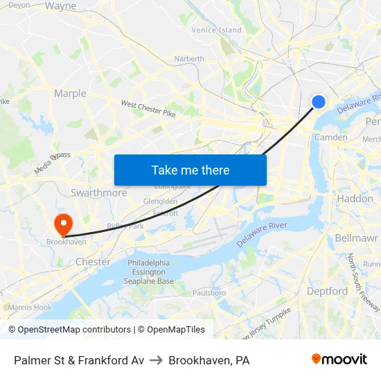 Palmer St & Frankford Av to Brookhaven, PA map