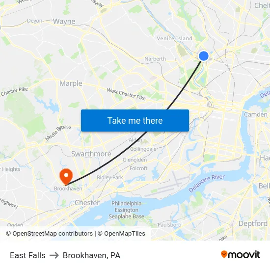 East Falls to Brookhaven, PA map