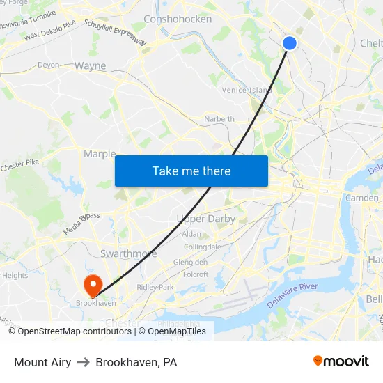Mount Airy to Brookhaven, PA map