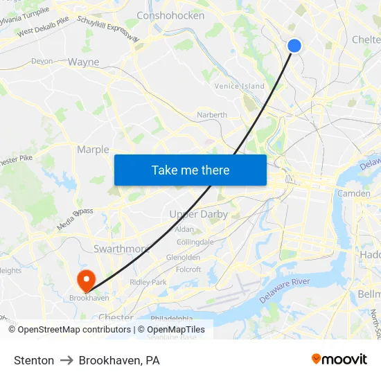 Stenton to Brookhaven, PA map