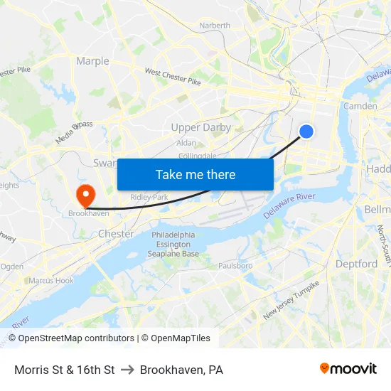 Morris St & 16th St to Brookhaven, PA map