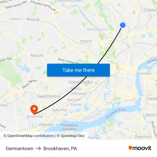 Germantown to Brookhaven, PA map