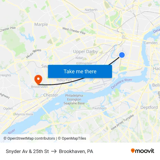 Snyder Av & 25th St to Brookhaven, PA map