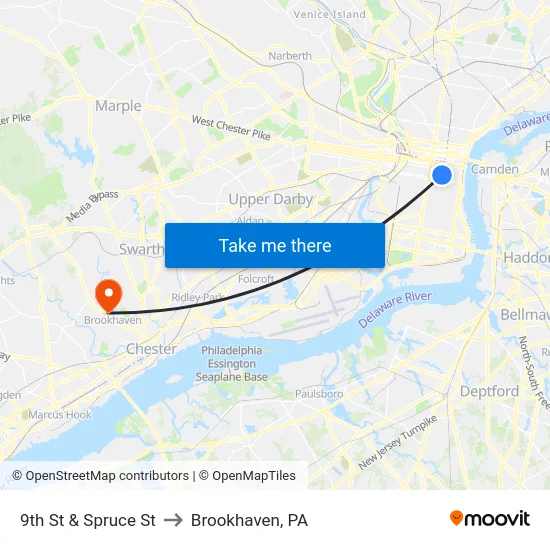 9th St & Spruce St to Brookhaven, PA map