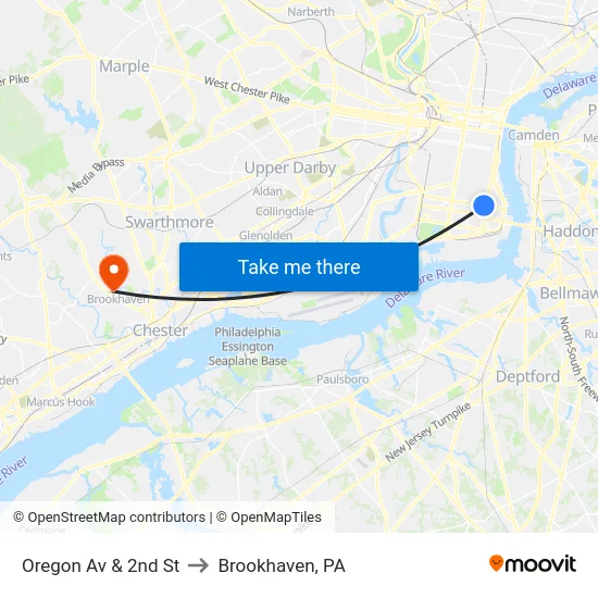 Oregon Av & 2nd St to Brookhaven, PA map