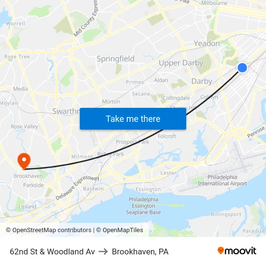 62nd St & Woodland Av to Brookhaven, PA map