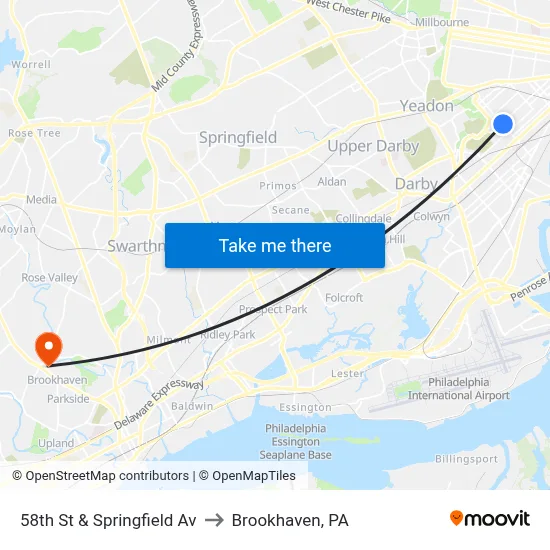 58th St & Springfield Av to Brookhaven, PA map