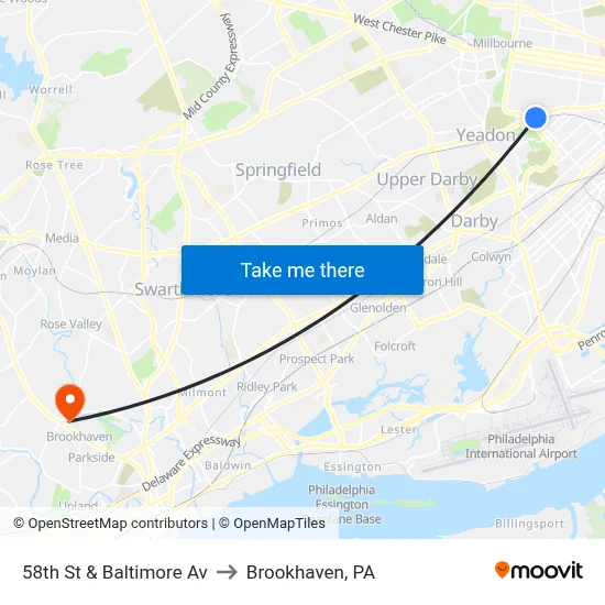 58th St & Baltimore Av to Brookhaven, PA map