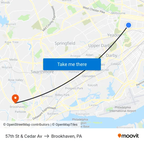 57th St & Cedar Av to Brookhaven, PA map
