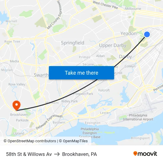58th St & Willows Av to Brookhaven, PA map