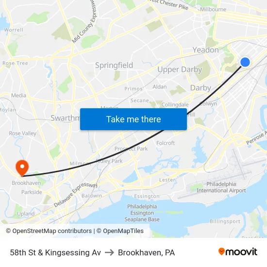 58th St & Kingsessing Av to Brookhaven, PA map